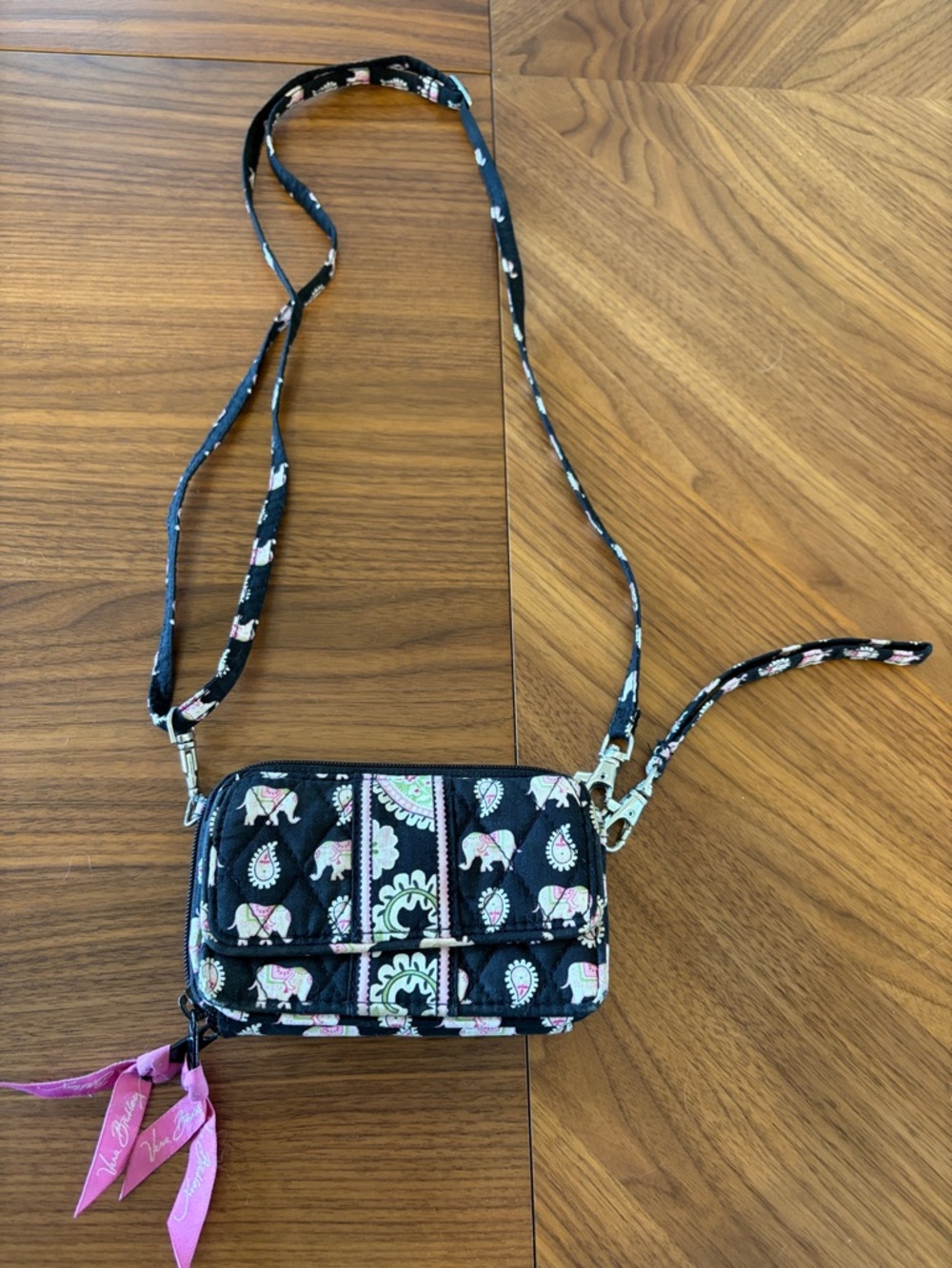 Vera Bradley All In One Black Quilted Crossbody Pink & White Elephant Print